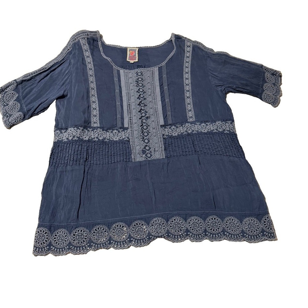 Johnny Was Manchenho Tunic Top XL Blue Embroidered Eyelet Cupro Rayon Boho - Picture 2 of 11